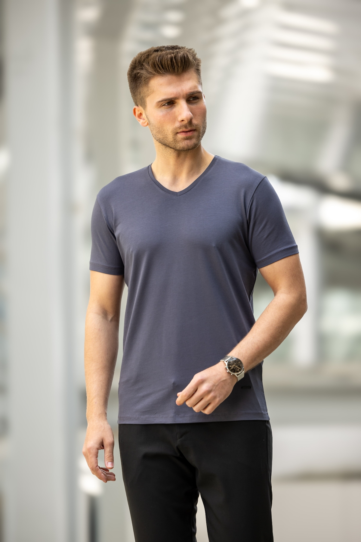 GABAGE Slim Fit V Yaka Pamuklu Tişört - Gri - 2